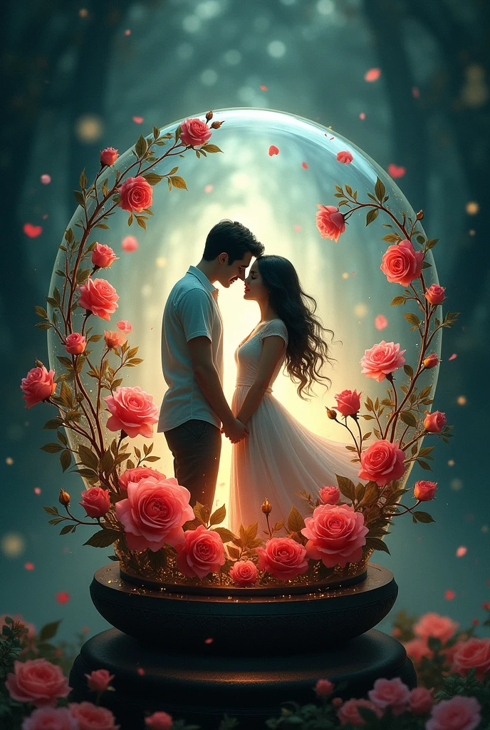 Create a logo using a crystal ball, Inside the crystal ball is a couple with roses in bloom.