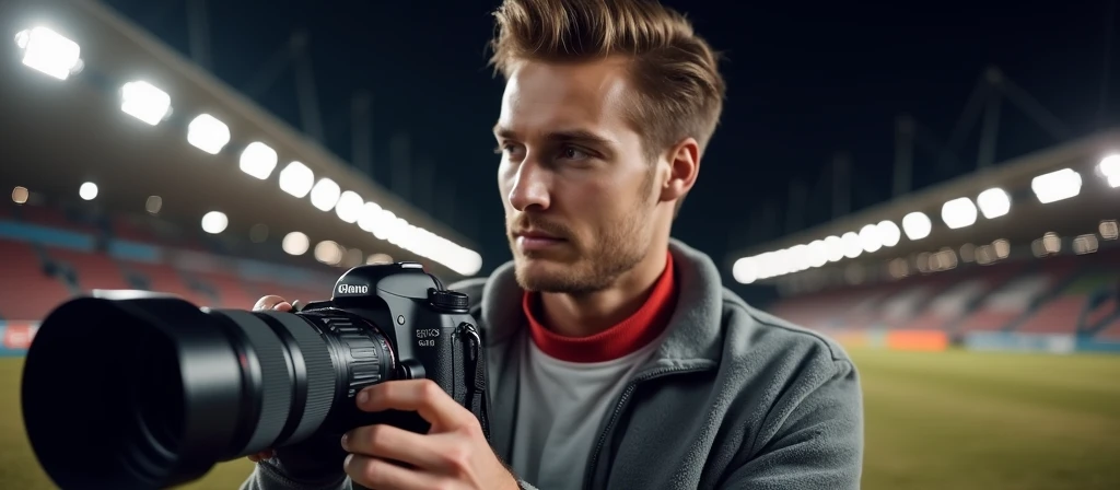 The image is a portrait-oriented photograph capturing the profile of a man engaged in photography. The man has a fair complexion and his hair is styled upwards, suggesting a casual yet attentive demeanor. He is holding a professional DSLR camera, which is black with visible brand markings, indicating its use for high-quality photography. The camera's lens is extended, ready to capture a moment. His attire consists of a gray jacket with a red collar, adding a touch of color to his outfit. The background is blurred, emphasizing the focus on the subject, but it appears to be an outdoor setting with a hint of stadium lights and a clear sky, suggesting that the photo may have been taken at dusk or dawn.