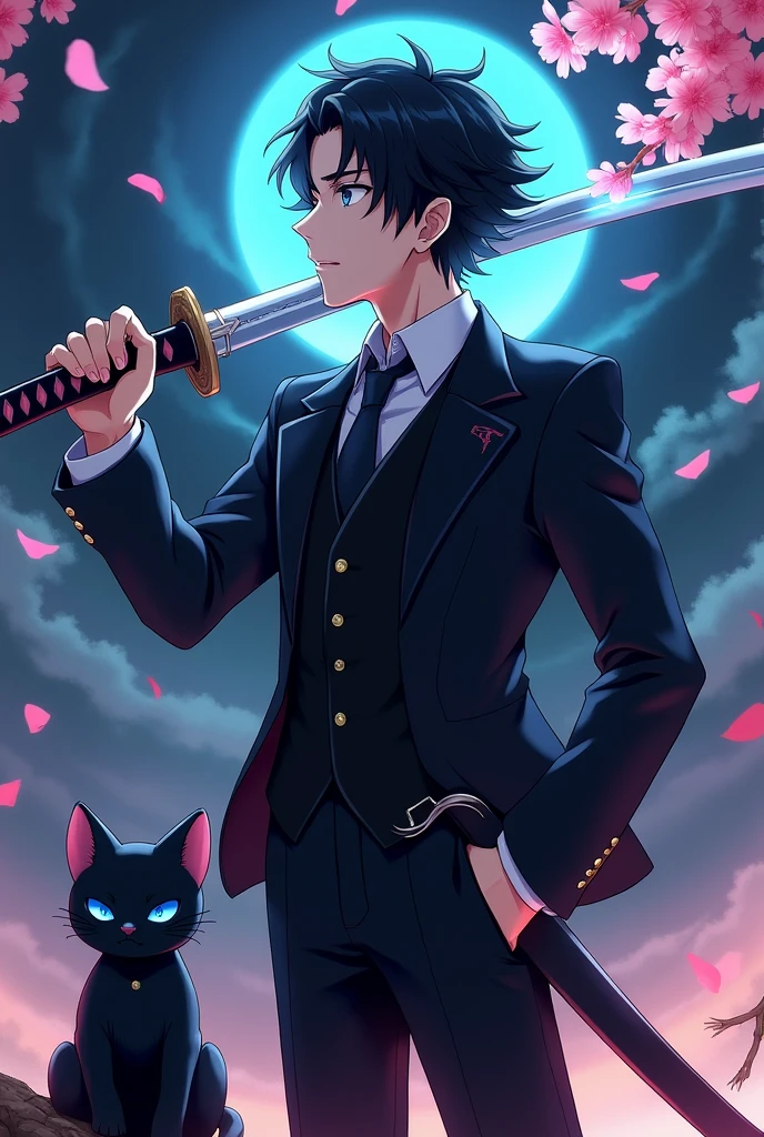naughty man, mellow, com terno blackw, cabelos blackws curtos bagunçados, he uses a Japanese sword and has a cat(blackw) blue-eyed. On the FRONT of his forehead there is a blue flame. Make anime style