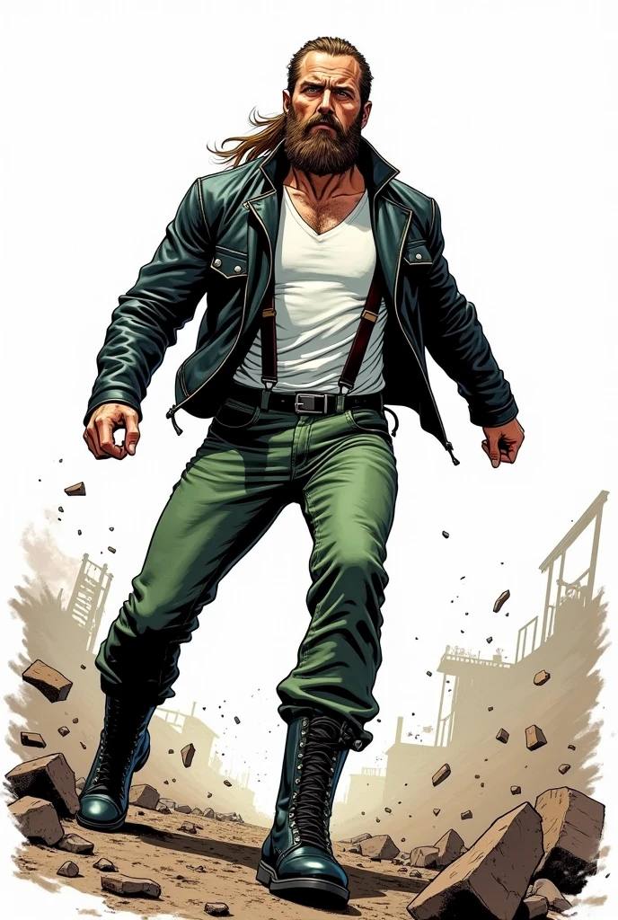 Create a comic book style drawing, bright coloured, high qualiy, a 35-year-old white man, 90 kilos, medium size, Long hair tied up, barba, black leather jacket, white undershirt, green jeans, suspenders, Black boots, Apocalypse theme, perspective drawing action scene, white background, fully body