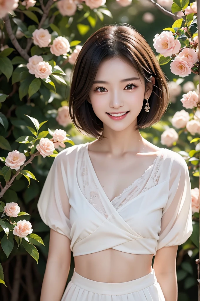 Image resolution 8K、Representative works:1.3)、Beauty、1 female、(魅力的なbody:1)、abdomen:1.1、Dark Brown Hair:1.1、(body:1)、Super detailed facial features、Attractive lips、double eyelid、Wearing a fashionable and stylish V-neck garment、Super realistic and super cute details、Japanese women、10th generation(18-year-old)、Adorable smile with a smile、Hair blowing in the wind、Short Hairstyle、Portrait in the studio、There is snow on the red flowers in the park and on the branches of the camellia trees.、Nice pose、