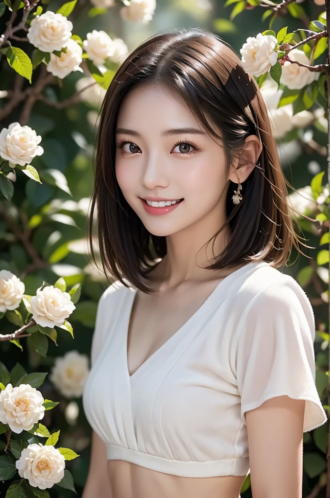 Image resolution 8K、Representative works:1.3)、Beauty、1 female、(魅力的なbody:1)、abdomen:1.1、Dark Brown Hair:1.1、(body:1)、Super detailed facial features、Attractive lips、double eyelid、Wearing a fashionable and stylish V-neck garment、Super realistic and super cute details、Japanese women、10th generation(18-year-old)、Adorable smile with a smile、Hair blowing in the wind、Short Hairstyle、Portrait in the studio、The white camellias are in full bloom in the park.、Snow is piled up on the branches of the camellia tree、Nice pose、