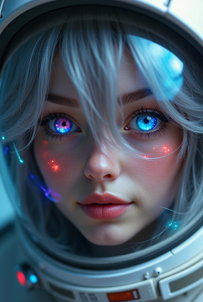 (Close-up of a better masterpiece:1.5)0.9], (Space and astronauts:1.2) (Messy silver hair:1.1) (Heterochromia xanthochromia and blue eyes:1.2) (Space Helmet:1.0) (Colored stars in the eyes:1.0) (A radiant glow:1.1) (thick lips:0.9)