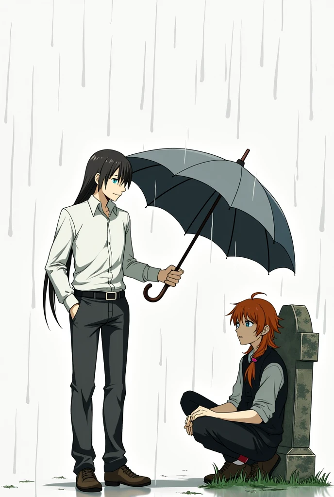 A guy with long black hair, gray eyes, Beautiful face, beautiful body, He sits leaning against a tombstone, It's raining, sad, a guy with orange hair and blue eyes next to him, Beautiful face, beautiful body, holding a gray umbrella over him, anime art, realistically, super detail, masterpiece