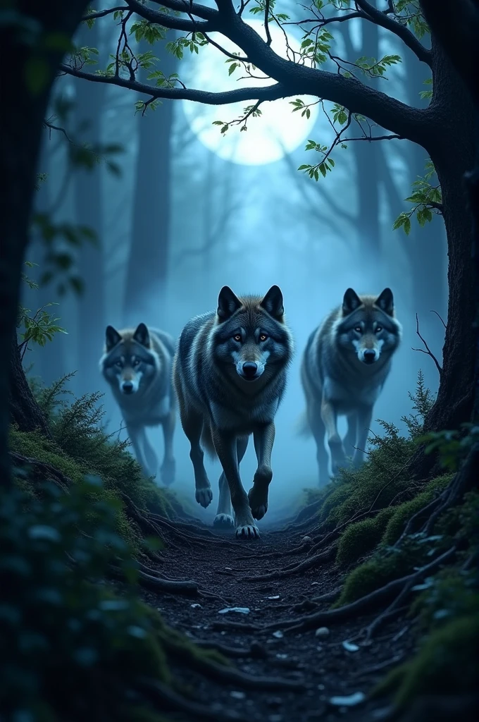 Create a sinister image of wolves running through a forest,with blue eyes 