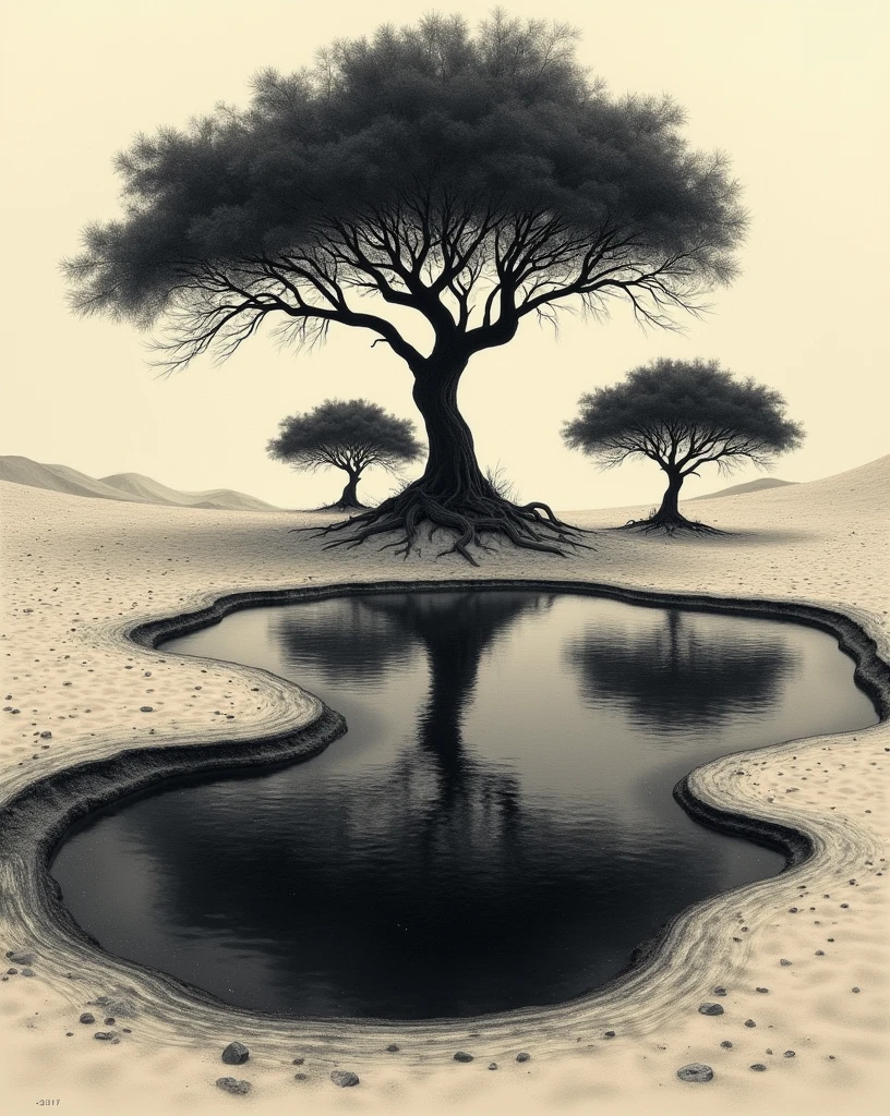 Surreal oasis: in the middle of the desert, Create an oasis with a lake of black ink and trees that grow upside down.