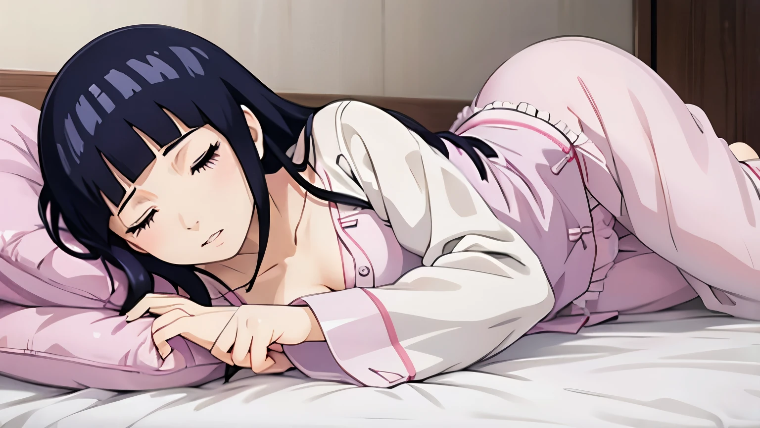 leaning Hinata (full body) in bed completely naked. filled with semen in her vagina. You can see the whole body.