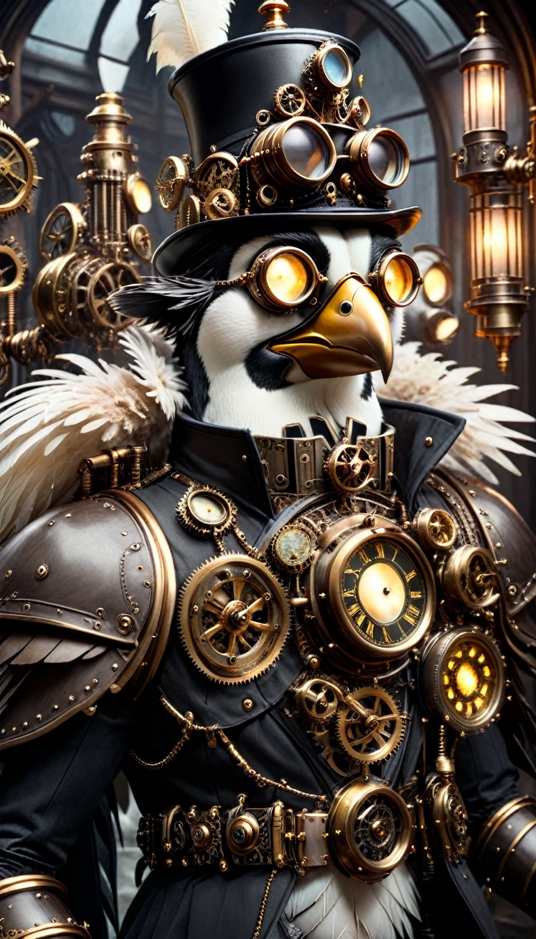 a steampunk emperor penguin, gears, cogs, bronze skin, glowing eyes, detailed mechanical feathers, intricate clockwork mechanisms, Victorian era, brass goggles, clockpunk, cinematic lighting, highly detailed, photorealistic, 8K, HDR, hyper-realistic
