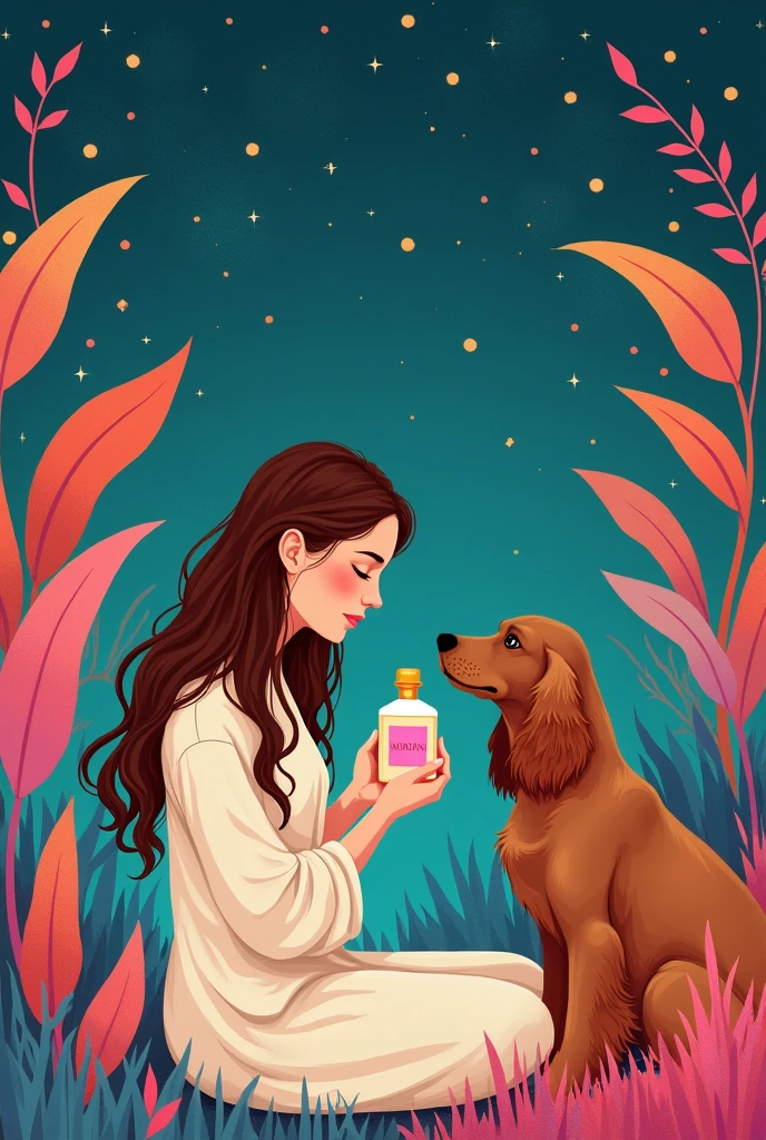 Minimalist illustration of a young woman with long brown hair and soft features sitting on the ground, a vibrant art style with pink hues, purple and green. The scene is filled with large, colorful leaves in shades of green and pink. the girl is holding a delicate bottle of perfume while a brown cocker spaniel dog tries to sniff it , while her expression reflects calmness and serenity. The background is a starry sky,