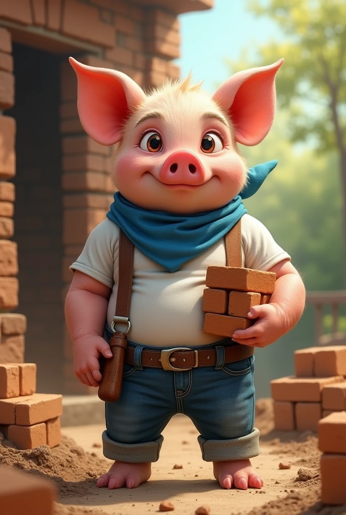 full-body illustration, (1male piglet:1.2), (determined expression:1.3), wearing a white t-shirt, blue jeans, and a blue bandana, (strong and hardworking:1.3), muscular build, (carrying a stack of bricks in hand), (building a proper house), surrounded by construction materials and tools, (realistic fur texture), (nature background:1.2), standing in front of a half-constructed brick house with sturdy walls, sunlight filtering through the trees, (soft lighting:1.3), (warm and earthy color scheme:1.3), (highly detailed), (ultra quality:1.3), (masterpiece), (digital art), 8K resolution, HDR, depth of field, (soft shadows), (photorealistic:1.3), (animation:1.2), (by Greg Rutkowski:0.9), (in the style of Alphonse Mucha), trending on ArtStation, award-winning art