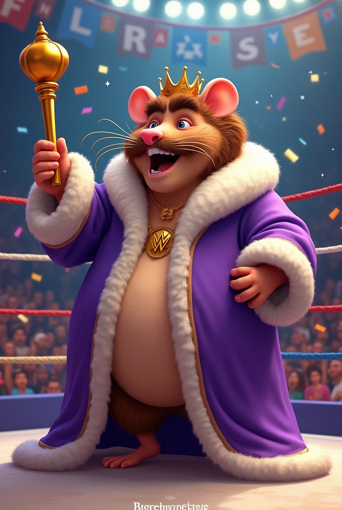 Cartoon rat dressed like WWE wrestler Harley Race, with a crown, brown bushy hair, brown mustache, a fat body, wearing purple king's robe, white furry collar, purple underwear, and carrying a scepter