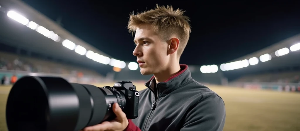 Profile portrait of a man in photography mode, fair complexion, hair styled upwards, holding black DSLR camera with extended lens, ready to capture a moment. He wears gray jacket with red collar, amidst blurred outdoor setting with hint of stadium lights and clear sky, capturing the essence of early morning or evening light.