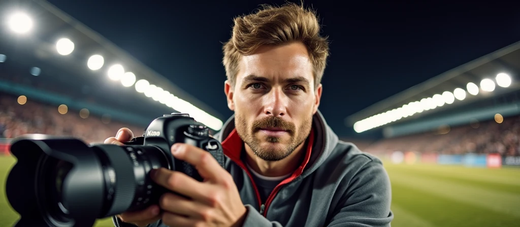 Profile portrait of a man in photography mode, fair complexion, hair styled upwards, holding black DSLR camera with extended lens, ready to capture a moment. He wears gray jacket with red collar, amidst blurred outdoor setting with hint of stadium lights and clear sky, capturing the essence of early morning or evening light.