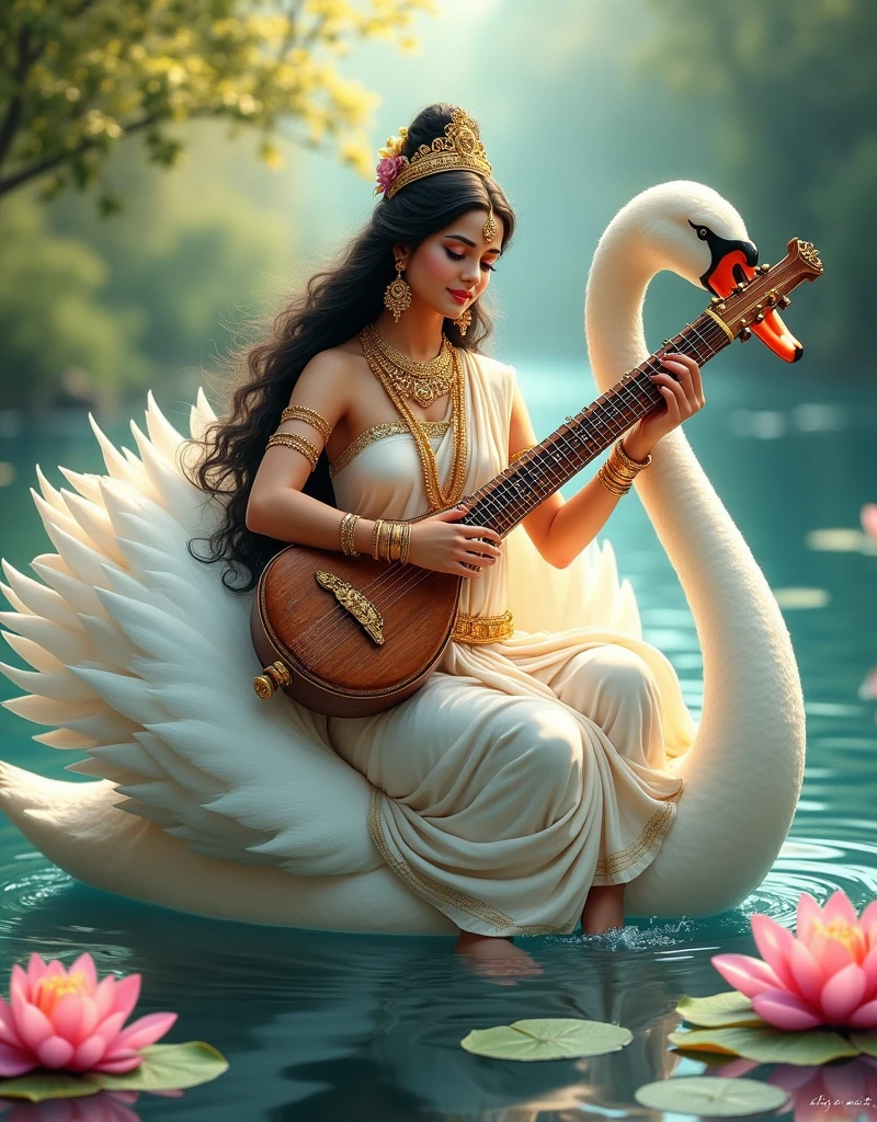 Illustrate Goddess Saraswati seated on a swan, playing the veena, with a backdrop of a tranquil river and blooming lotuses, reflecting her role as the goddess of knowledge and arts."