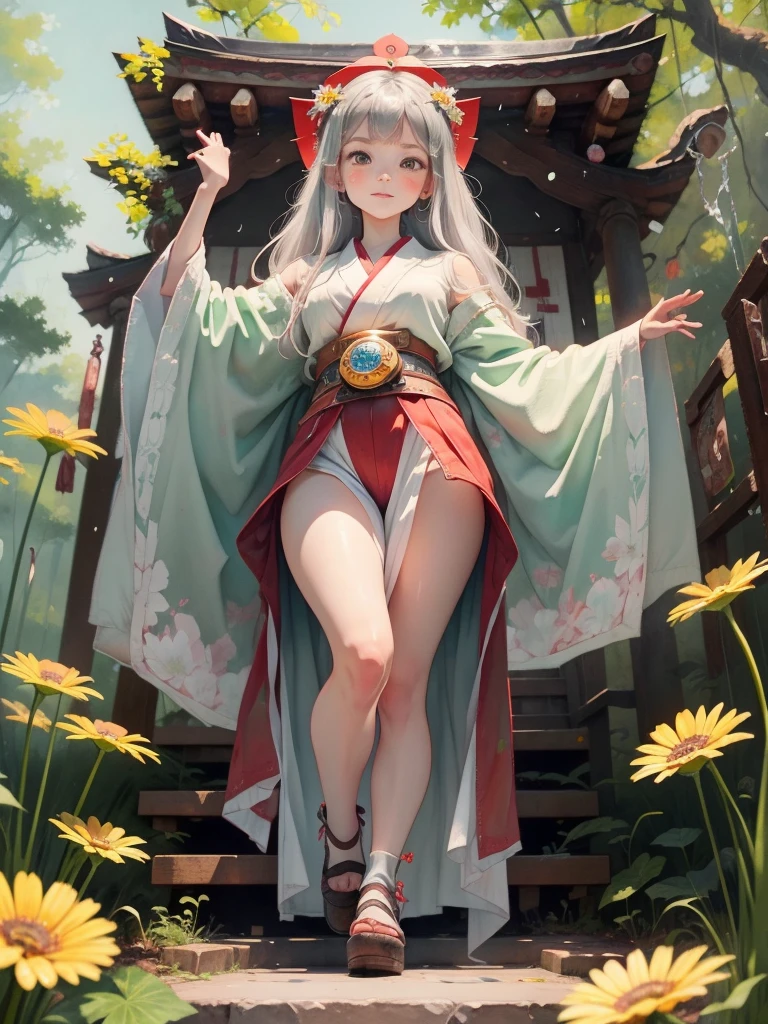 High definition、anime、A pure girl dressed in a shrine maiden's outfit、Flowers sprout from beneath your feet、１８age、Halfred with long silver hair、Full body portrait、Hide your feet、Wearing clogs、A long-sleeved miko outfit、Large eyes like opals、Powerful eyes、Dance dedicated to the gods