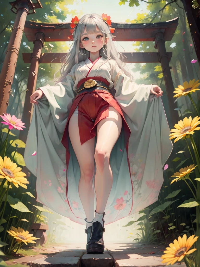 High definition、anime、A pure girl dressed in a shrine maiden's outfit、Flowers sprout from beneath your feet、18age、Halfred with long silver hair、Full body portrait、Wearing clogs、A long-sleeved miko outfit、Large eyes like opals、Powerful eyes、Dance a dance dedicated to the gods.
