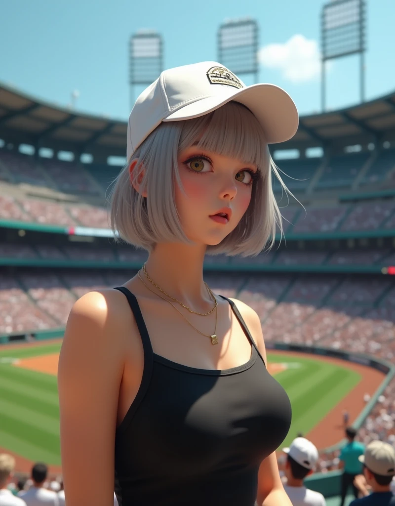 (RAW photo, best quality, masterpiece: 1.2), (photorealistic: 1.4), best lighting, 20 years old, (light gray hair, short bob cut, hair in 7 thirds, hair over one ear, Symmetrical eyes, fair skin, solo, Detailed Skin, Detailed Background:1.2), From the front, bottom view, surprised face, watching the game in the stands of a baseball stadium, many spectators behind, white baseball cap, black tight tank top, large breasts, accessories, ponytail, daytime