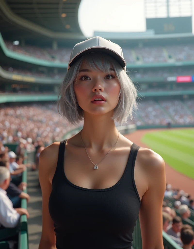 (RAW photo, best quality, masterpiece: 1.2), (photorealistic: 1.4), best lighting, 20 years old, (light gray hair, short bob cut, hair in 7 thirds, hair over one ear, Symmetrical eyes, fair skin, solo, Detailed Skin, Detailed Background:1.2), From the front, bottom view, surprised face, watching the game in the stands of a baseball stadium, many spectators behind, white baseball cap, black tight tank top, large breasts, accessories, ponytail, daytime
