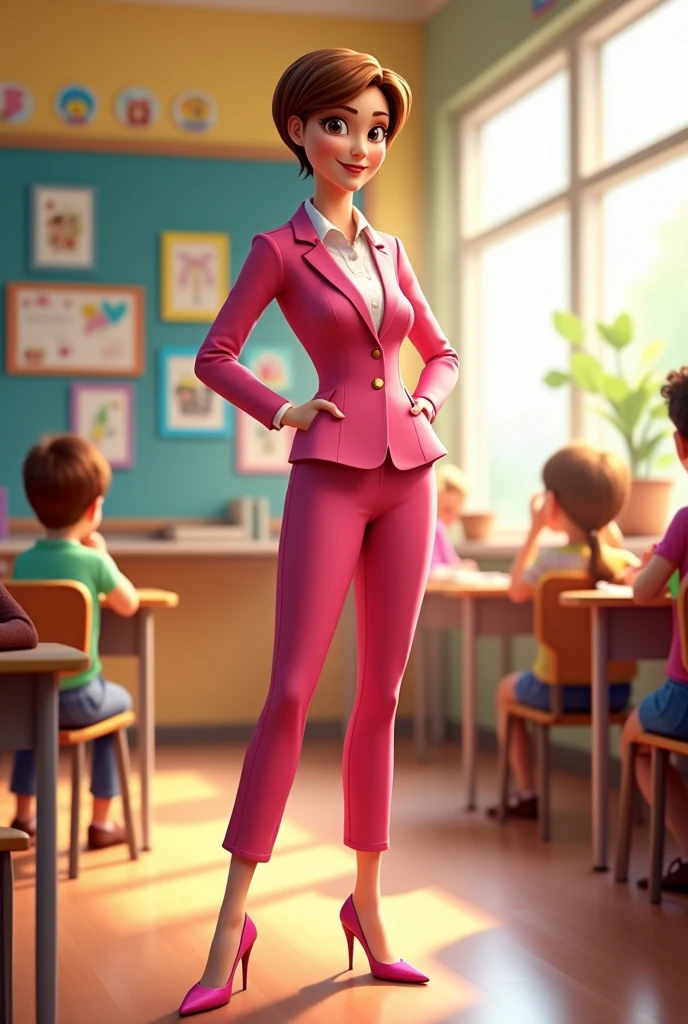 Disney Pixar type image of a tall teacher, slim, white tea, short, very short light brown hair, big brown eyes, with pink suit and white shirt, pink high heel shoes, in a beautiful classroom