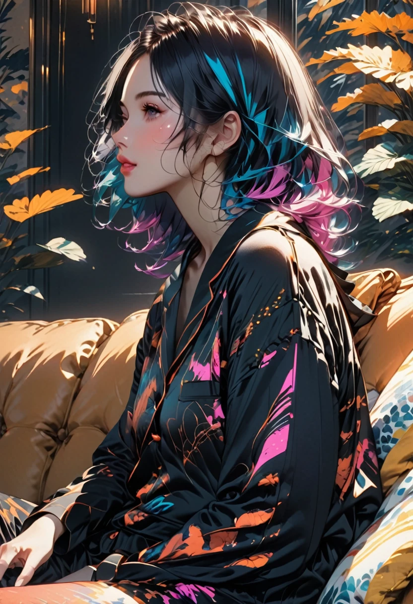Highest quality, sketch:1.2),Realistic,Illustrator,anime,1 , Detailed lips,custom,Neon Hair,Texture Cropping,masterpiece, Style: Retro Classic, Dark Black、Breaking the photo、have、Sitting on the sofa、Black Hair、Loungewear、profile