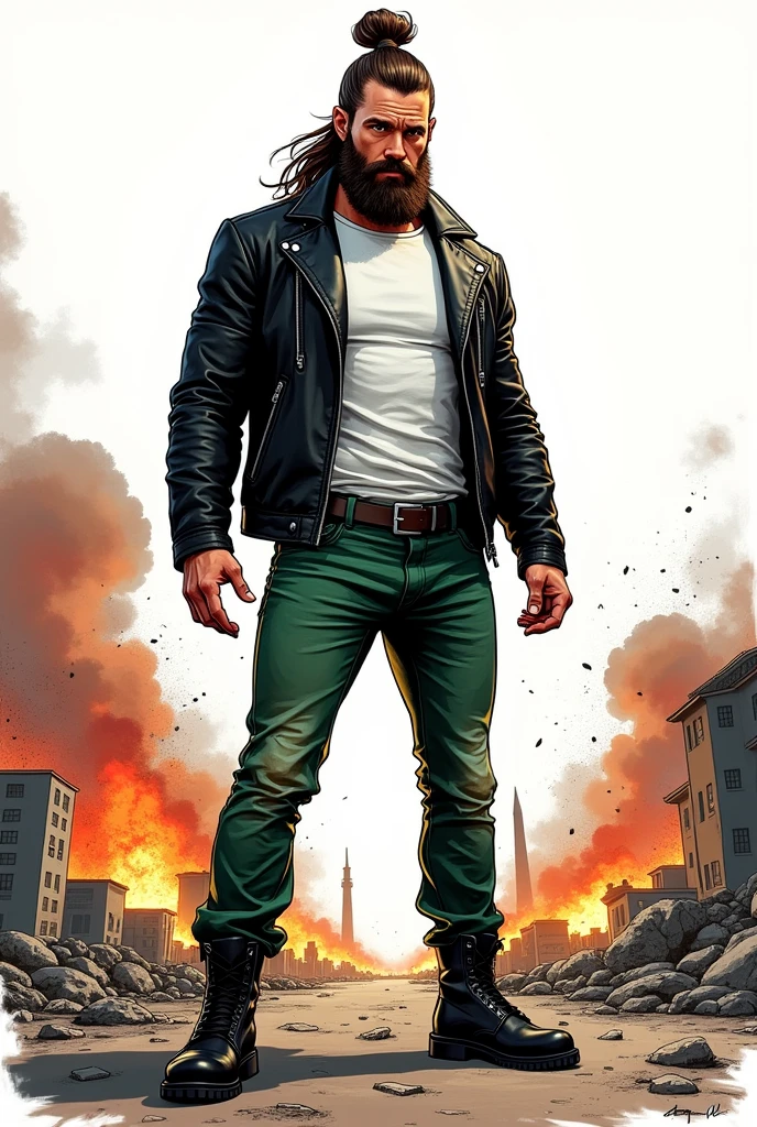 Create a comic book style drawing, bright coloured, high qualiy, a 35-year-old white man, 90 kilos, medium size, Long hair tied up, barba, black leather jacket, white undershirt, green jeans, Black boots, Apocalypse theme, perspective drawing action scene, white background, fully body