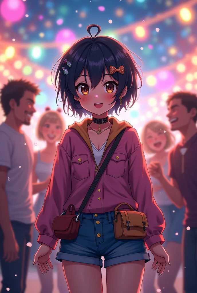 short black haired anime girl with hazel eyes at a party
