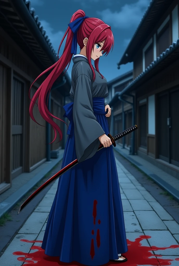 An anime Japanese woman in a kimono, with blue eyes, red hair in a long ponytail, gray hakama, and a blue outfit. She has a katana on her left hip and large breasts. She has a blue ribbon in her hair. It is night, and the street in Kyoto is very dark. She is in the middle of killing, covered in blood pouring down her body like a waterfall. Her face is down, and she is biting her lower lip. Her eyes are devoid of light. She is standing.