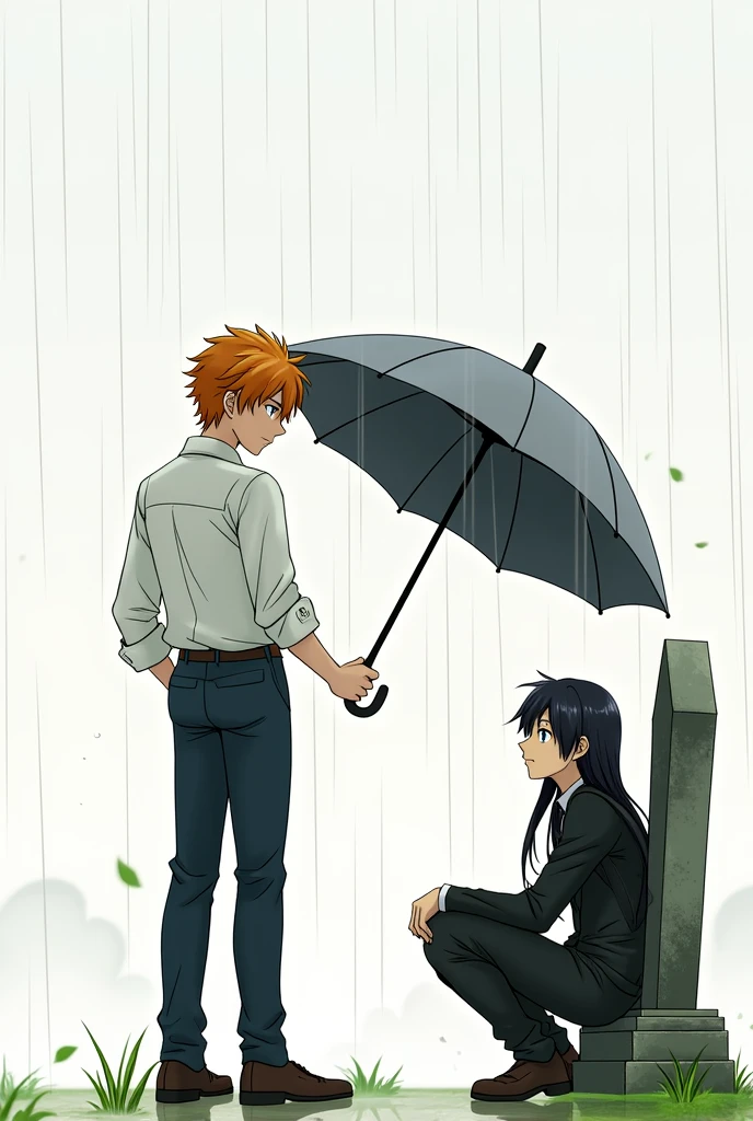 A guy with long black hair, gray eyes, Beautiful face, beautiful body, He sits leaning against a tombstone, It's raining, sad, a guy with orange hair and blue eyes next to him, Beautiful face, beautiful body, holding a gray umbrella over him, anime art, realistically, super detail, masterpiece