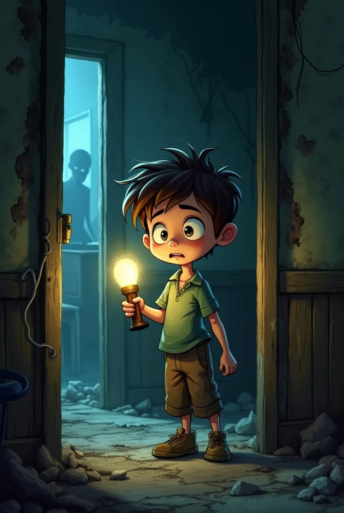 Boy turn on flashlight in horror house in the.Animation Form 