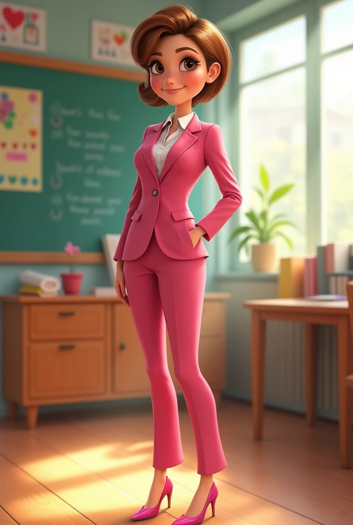 Disney Pixar type image of a tall teacher, slim, white tea, short, very short light brown hair, big brown eyes, with pink suit and white shirt, pink high heel shoes. Different moods