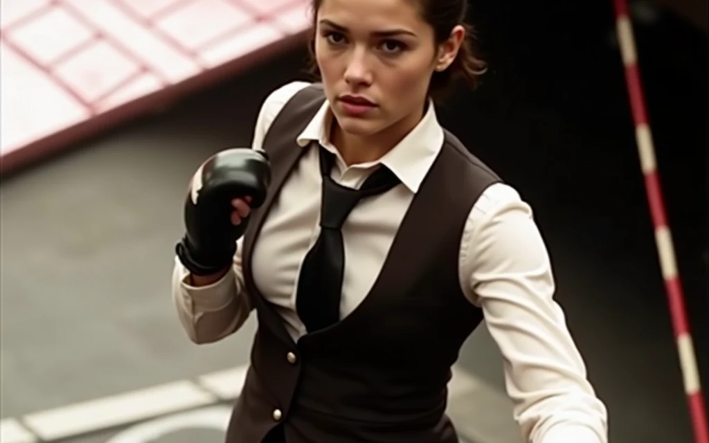 Female wearing suit and tie intense fighting in boxing ring, shiny tight silver suit, (three-piece suit), pants suit, necktie, pantyhose, waistcoat, dynamic lighting, in the dark, deep shadow, low key, cowboy shot full-lenght body,fight stance, taunting, winning pose, preppy style, powerfull fight stance, focus, she win the fight pose