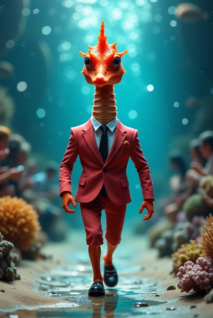 Cute baby Red sea horse with funny giant head wearing muscular business suit in realistic full body fashion show
