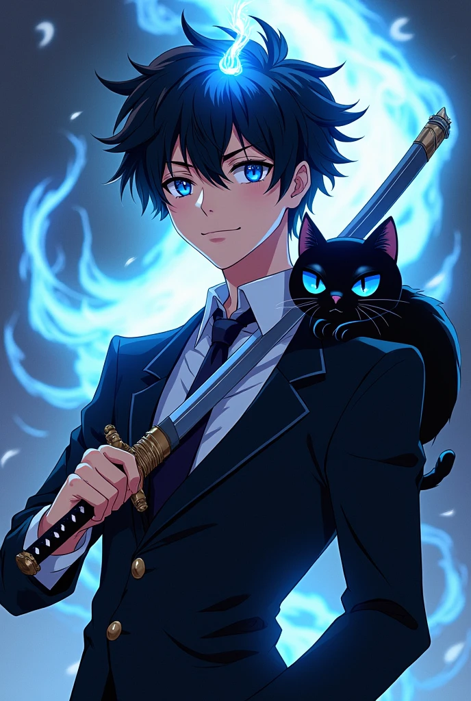 naughty man, mellow, com terno blackw, cabelos blackws curtos bagunçados, he uses a Japanese sword and has a cat(blackw) blue-eyed. On the FRONT of his forehead there is a blue flame. Make anime style