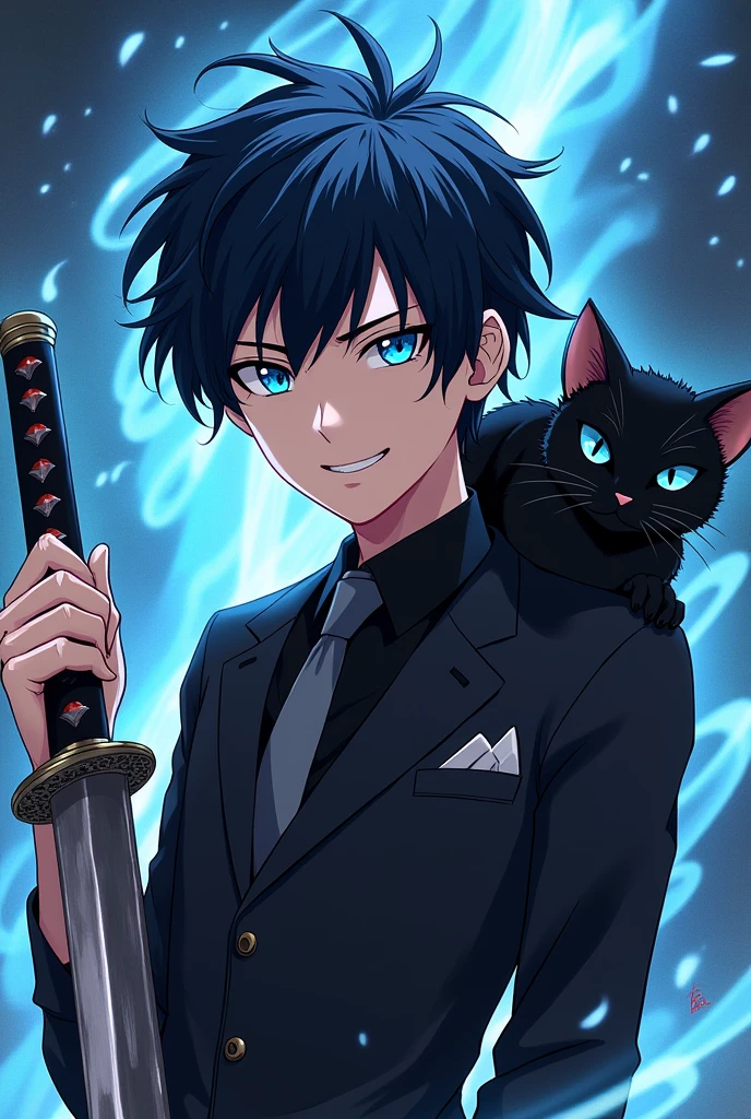 naughty man, ow, com terno blackw, cabelos blackws curtos bagunçados, he uses a Japanese sword and has a cat(blackw) blue-eyed. On the FRONT of his forehead there is a blue flame. Make anime style
