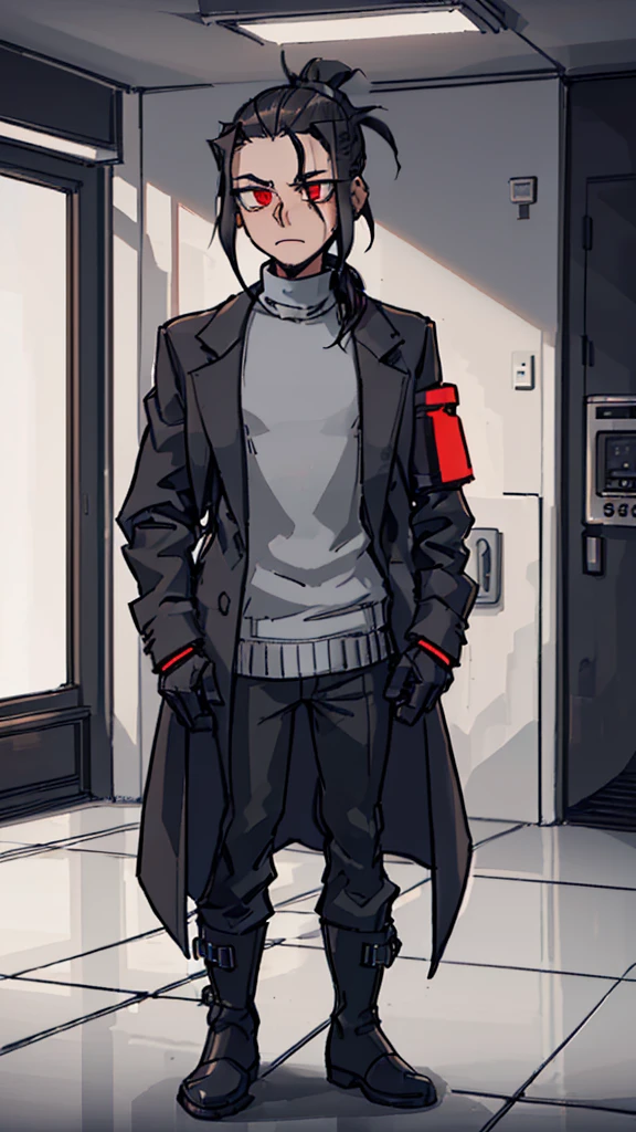 (detailed), (((normal guy))), (Arabic characteristics), ((gray wool jacket)), ((pelo negro rizado Ponytail hairstyle)), ((Ponytail hairstyle)), (calm face), ((by the width)), ((coffee boots)), (((whole body))), ((in a cyberpunk room)), ((male)), (gray turtleneck sweater), ((only one person)), (at night), terror, ((eyes glowing red)), In the dark