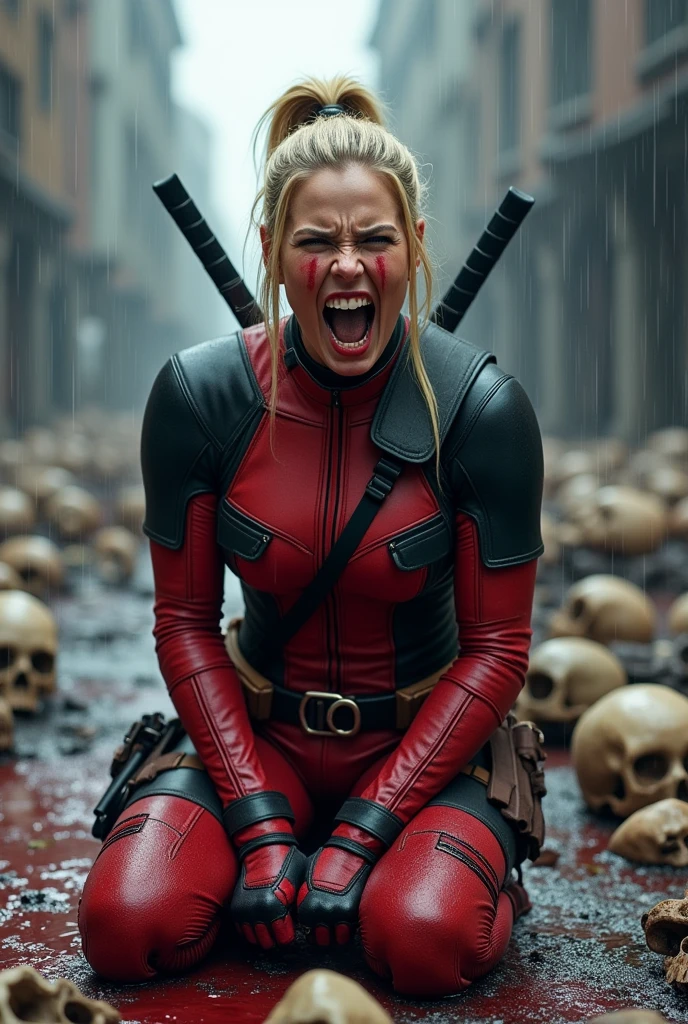 A beautiful woman with long blonde hair pulled back in a ponytail, Wanda Wilson aka Lady Deadpool, wearing the red and black leather suit with a brown harness over her chest, is kneeling and screaming in exhaustion after a battle. Blood and skulls are all around her. She is wearing red leather gloves and boots. She is in an apocalyptic and rainy city. There is blood on her hands and face. Marvel Studios logo is present on all the images.