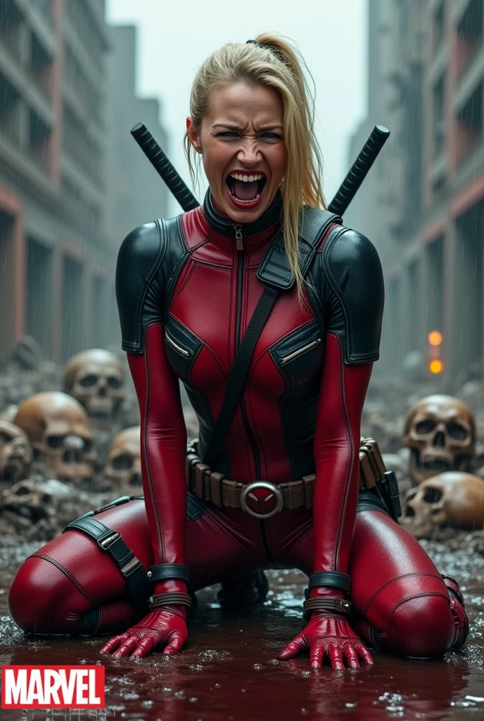 A beautiful woman with long blonde hair pulled back in a ponytail, Wanda Wilson aka Lady Deadpool, wearing the red and black leather suit with a brown harness over her chest, is kneeling and screaming in exhaustion after a battle. Blood and skulls are all around her. She is wearing red leather gloves and boots. She is in an apocalyptic and rainy city. There is blood on her hands and face. Marvel Studios logo is present on all the images.