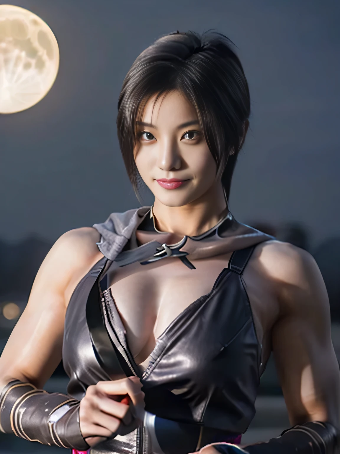 20 year old Japanese beauty,One woman、Muscular body like a bodybuilder、Emphasize the breasts、Slit eyes、A head-to-toe view,Bust is very very large、Full moon night in the background、High quality photos、Clear, crisp images of the lower body、Masterpiece 8k、Smiling、Throwing a shuriken with the right hand、From the front, from the side, from the back, etc.々from what camera angle to shoot、A ninja costume of purplish-red color