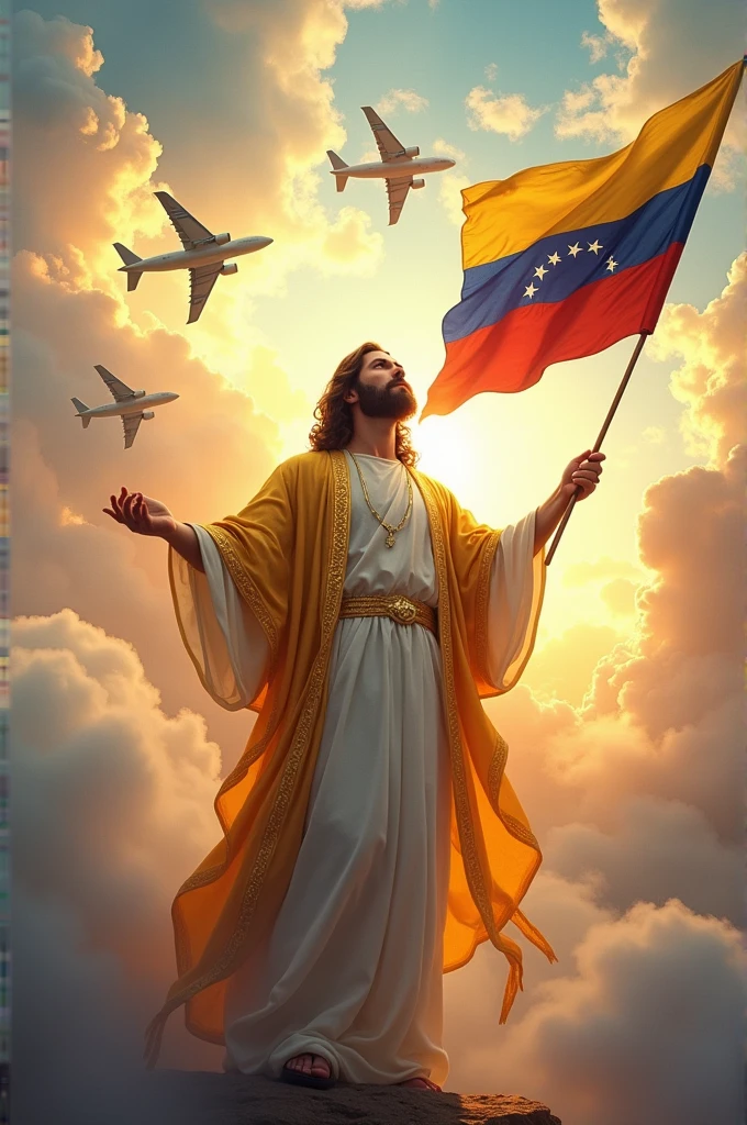Create an image of God with airplanes in the background displaying Venezuelan flags, and God holding a Venezuelan flag in his hands.