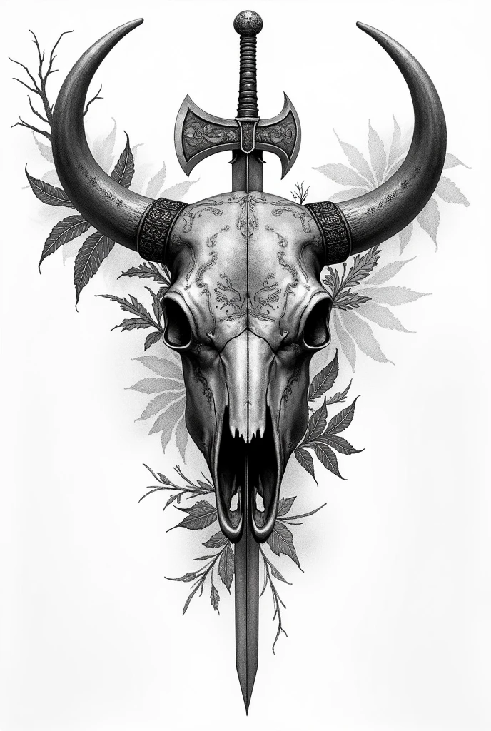 Create a black and white pointillism tattoo of a Viking cow skull with a warrior's face in pointillism and medieval weapons in pointillism warrior's face 