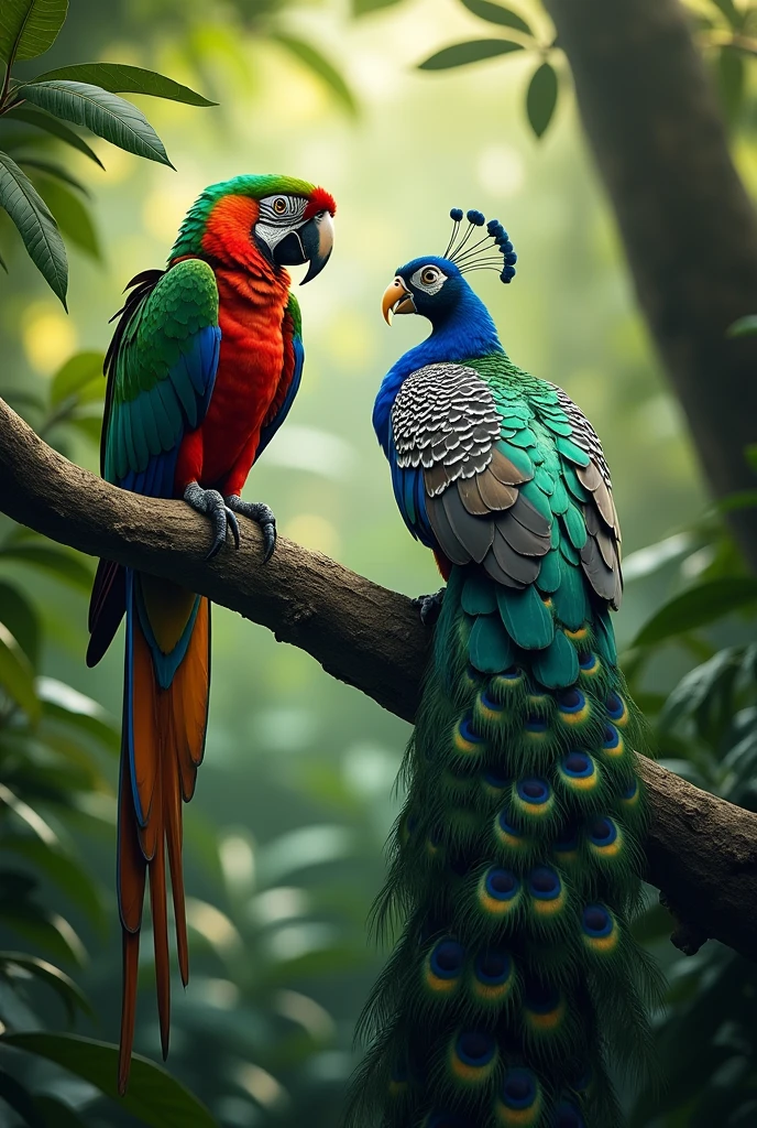 In a lush rainforest, a vibrant parrot perches on a branch, its colorful feathers standing out against the verdant backdrop. As it preens itself, it ponders the difficulties of standing out in a world full of bright and beautiful creatures. Meanwhile, a nearby peacock struts confidently, its iridescent plumage a symbol of its own unique struggles and triumphs.