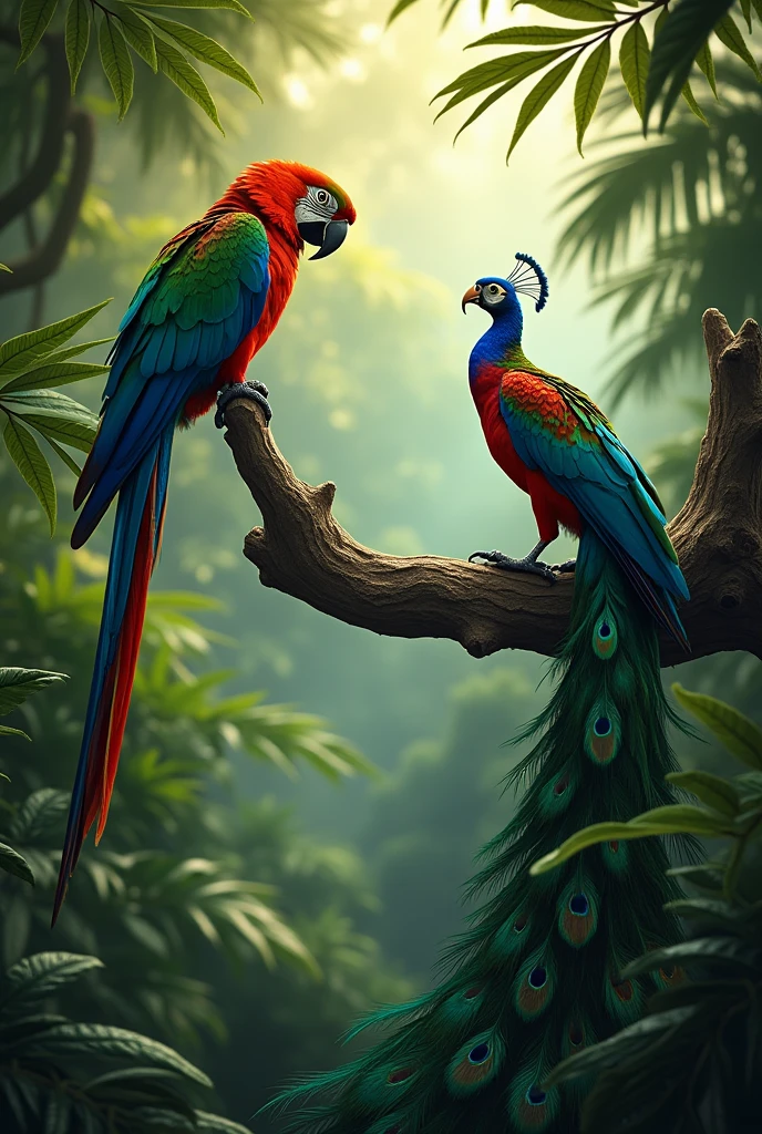 In a lush rainforest, a vibrant parrot perches on a branch, its colorful feathers standing out against the verdant backdrop. As it preens itself, it ponders the difficulties of standing out in a world full of bright and beautiful creatures. Meanwhile, a nearby peacock struts confidently, its iridescent plumage a symbol of its own unique struggles and triumphs.