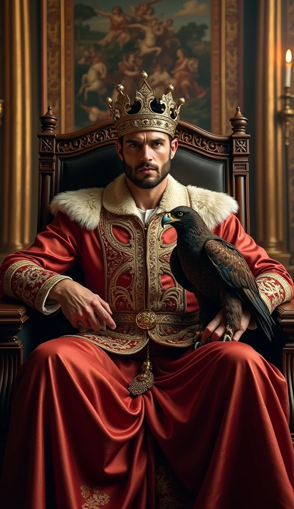 a strong and handsome imposing emperor with European features wearing a crown and holding a scepter sitting on a throne with a falcon.