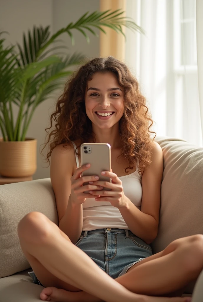 A brunette girl with curly hair and big breasts sits with her legs stretched out, taking a realistic photo