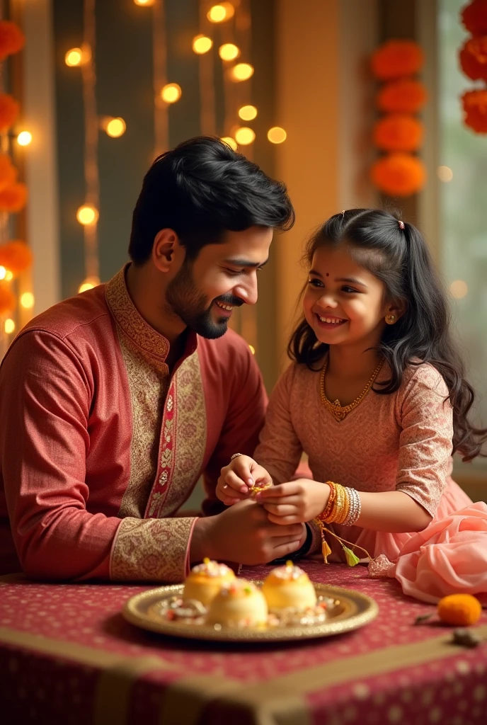 Create a hyper realistic picture of men and girl in raksha Bandhan special.