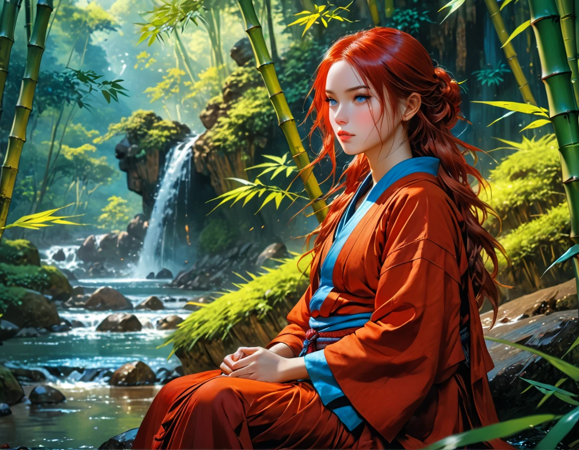 a picture of a (female monk: 1.2) sitting and meditating near a waterfall in a bamboo forest,  there is a human woman monk wearing monk garbs, (epic sized waterfall: 1.3), red hair, long hair, full body (best details, Masterpiece, best quality :1.5), ultra detailed face (best details, Masterpiece, best quality :1.5), ultra feminine (best details, Masterpiece, best quality :1.5), exquisite beautiful (best details, Masterpiece, best quality :1.5) red hair, long hair, wavy hair, pale skin, blue eyes, intense eyes, water coming down from a volcanic cliff, she is sitting in a rich epic bamboo forest, clear water in many hues of blue and azure, it is the dawn of day, between night and day, the sun is rising, a time of meditation and serenity, bamboo forest background, fantasy art, photorealistic, D&D art, ultra best realistic, best details, best quality, 16k, [ultra detailed], masterpiece, best quality, (extremely detailed), ultra wide shot, photorealism, depth of field, hyper realistic painting, Cinematic Hollywood Film