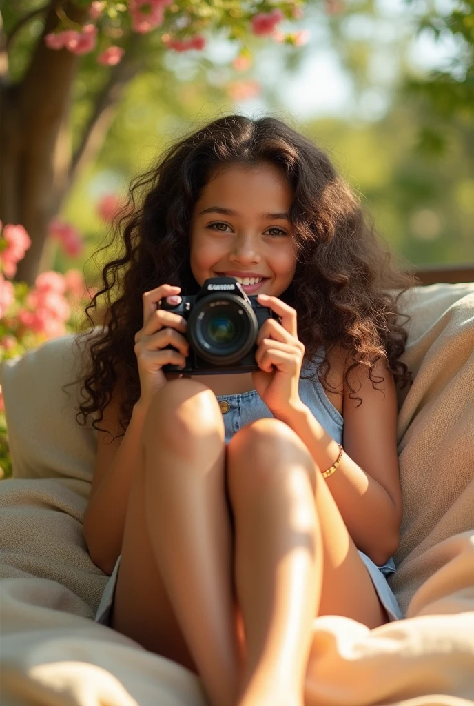 A brunette girl with curly hair and big breasts sits with her legs stretched out, taking a realistic photo