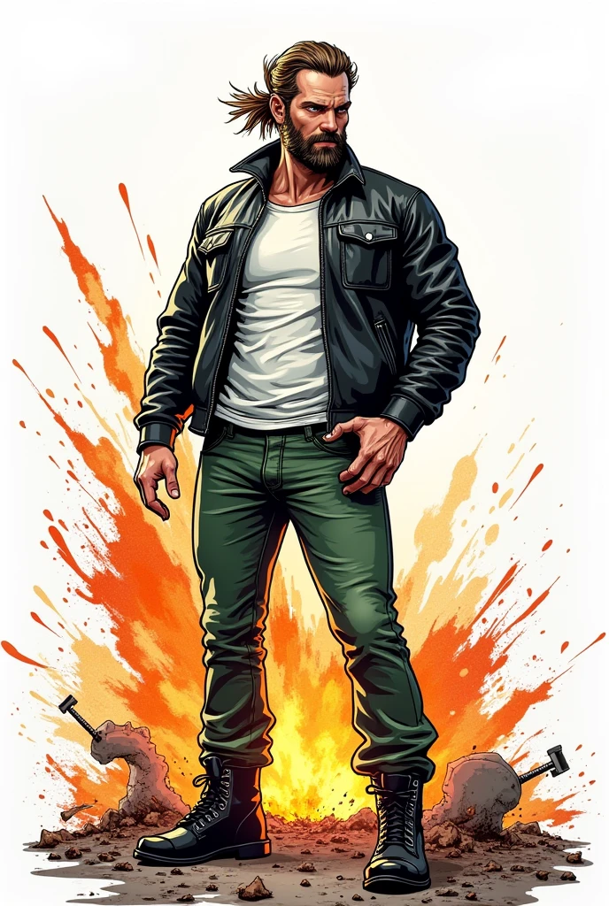 Create a comic book style drawing, bright coloured, high qualiy, a 35-year-old white man, 90 kilos, medium size, Long hair tied up, barba, black leather jacket, white undershirt, green jeans, Black boots, Apocalypse theme, perspective drawing action scene, white background, fully body 