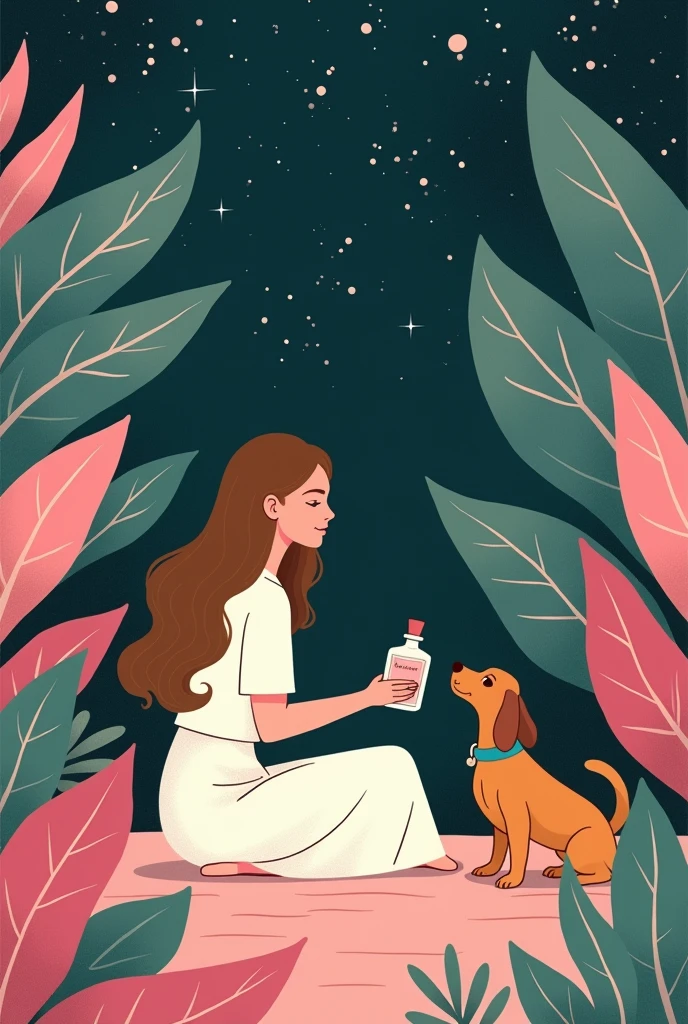 Minimalist illustration of a young woman with long brown hair and soft features sitting on the ground, a vibrant art style with pink hues, purple and green. The scene is filled with large, colorful leaves in shades of green and pink. The girl holds a delicate bottle of perfume while a brown cocker spaniel with a blue collar tries to sniff it. , while her expression reflects calmness and serenity. The background is a starry sky,