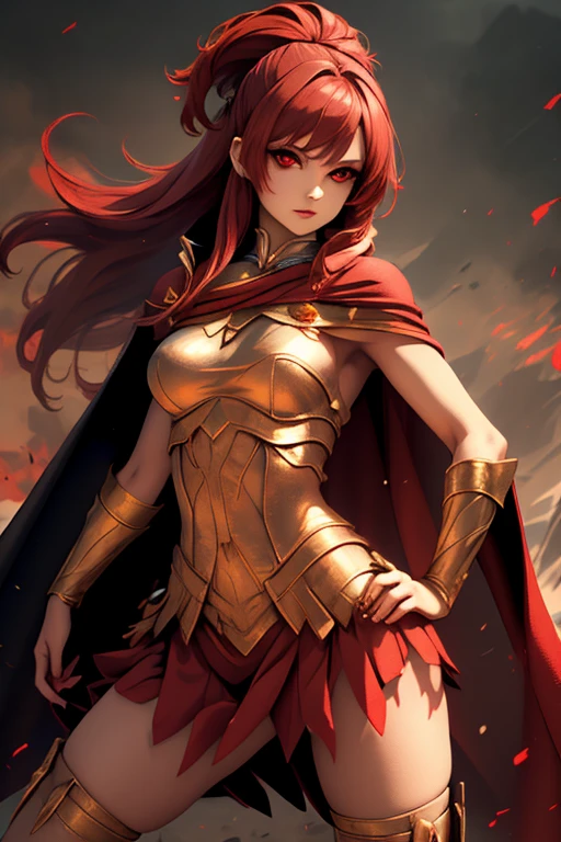 beautfull woman, with a cape, well-detailed face, detailedeyes, whole body, long red hair, ruby red eyes.